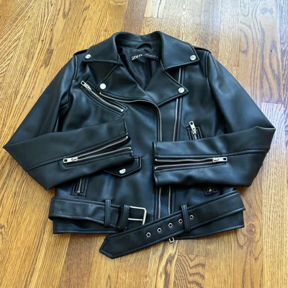 Zara vegan leather black belted biker jacket sz. XS - Picture 15 of 16